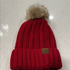 C.C Cherry Red Knit Beanie with Faux Fur Pom